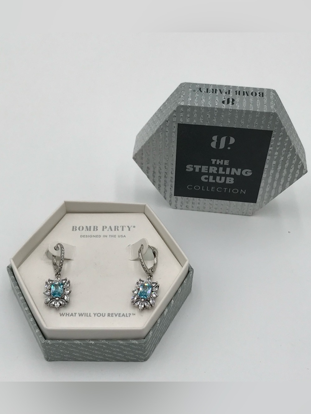 BWNT Bomb Party "The Sterling Club" Silver  Drop Earrings